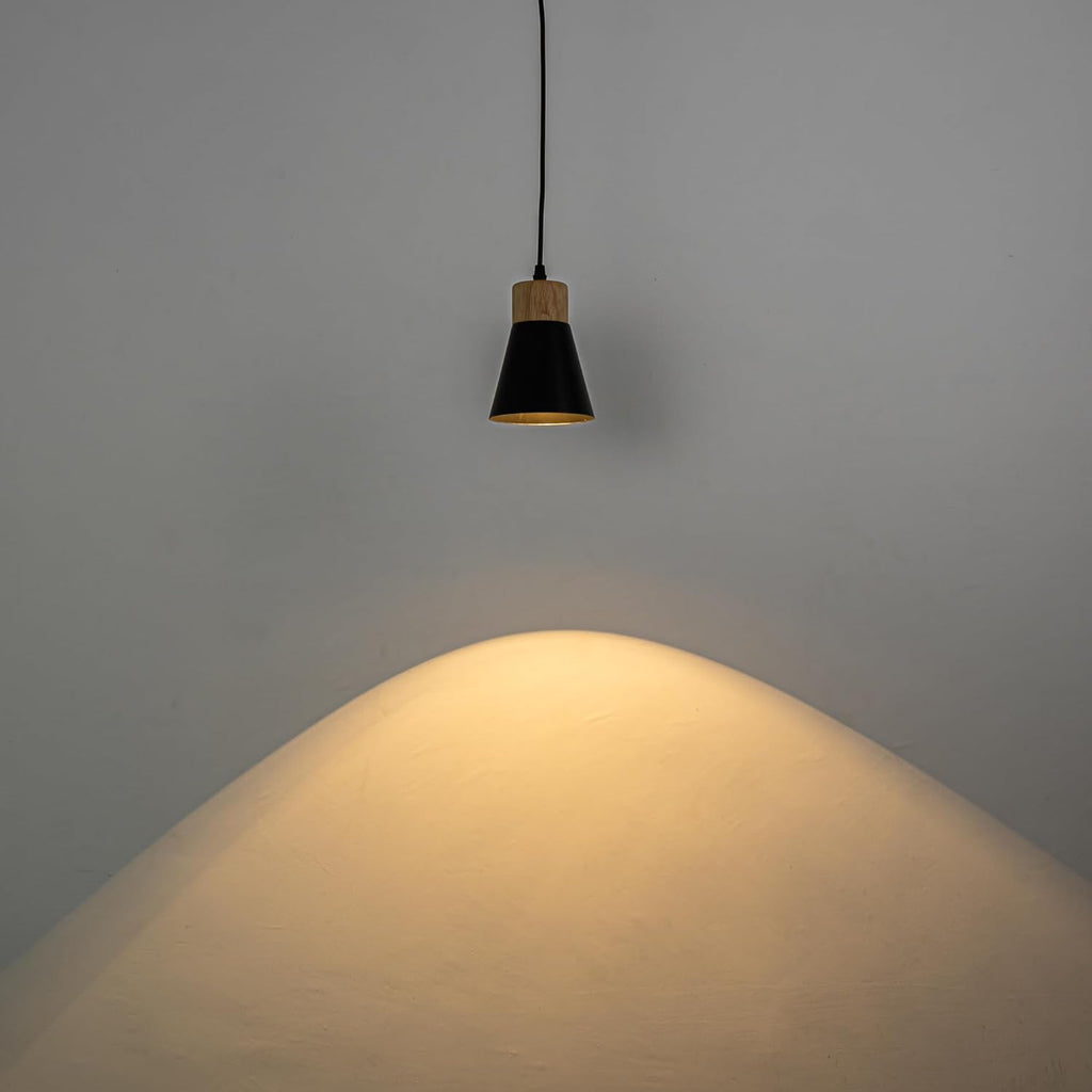 Black metal pendant light with wood base, adjustable cord, warm glow. Retro style lighting, slope roof compatible.