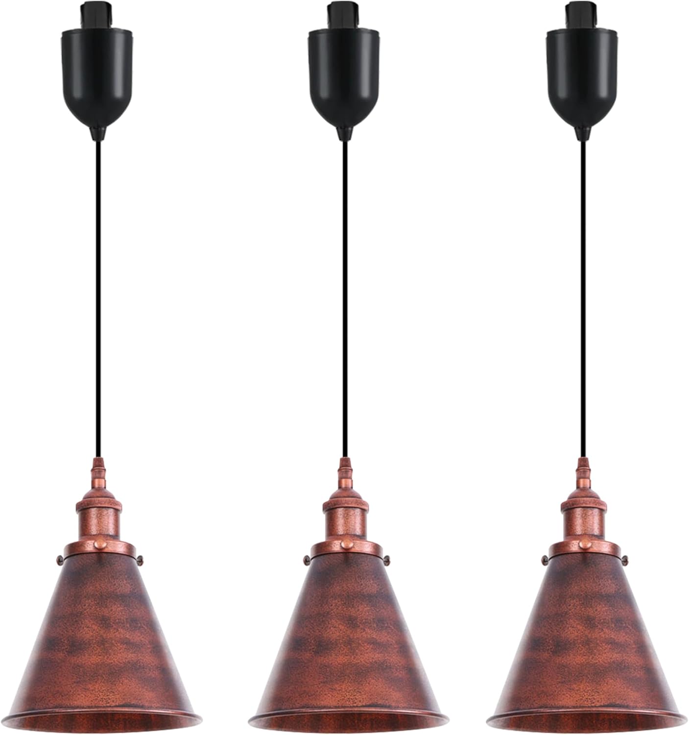 Kiven H-Type track pendant lights with copper finish, cone metal lampshades. Adjustable kitchen or shop lighting.