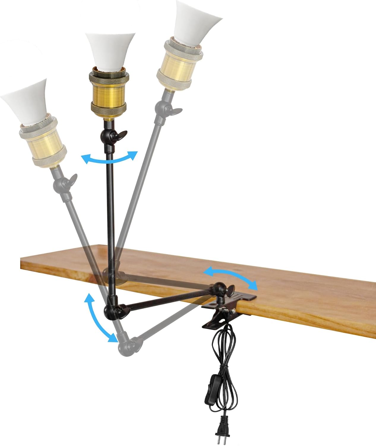 Adjustable clip-on desk lamp showcasing flexible arm and clamp base, ideal for bookshelf or bedside use.