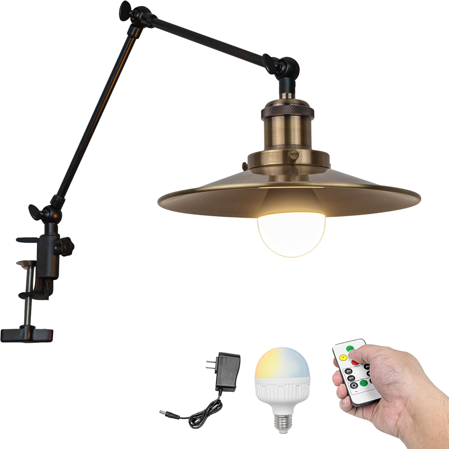 Kiven Battery Operated Clip-on Desk Lamp, 1-Light Dimmable Nightstand Lamp with Flexible Arm,Remote Control, Farmhouse Decorative Clamp Lamp for Home Decor Bookshelf Bedside,Yellow Finish
