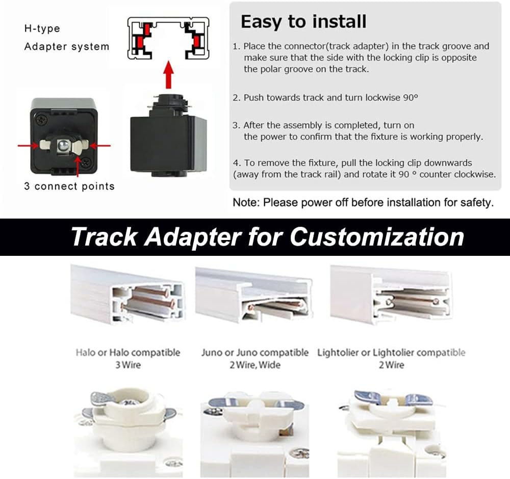 Track adapter installation for track pendant lights, showcasing H-type adapter and various compatibility options.