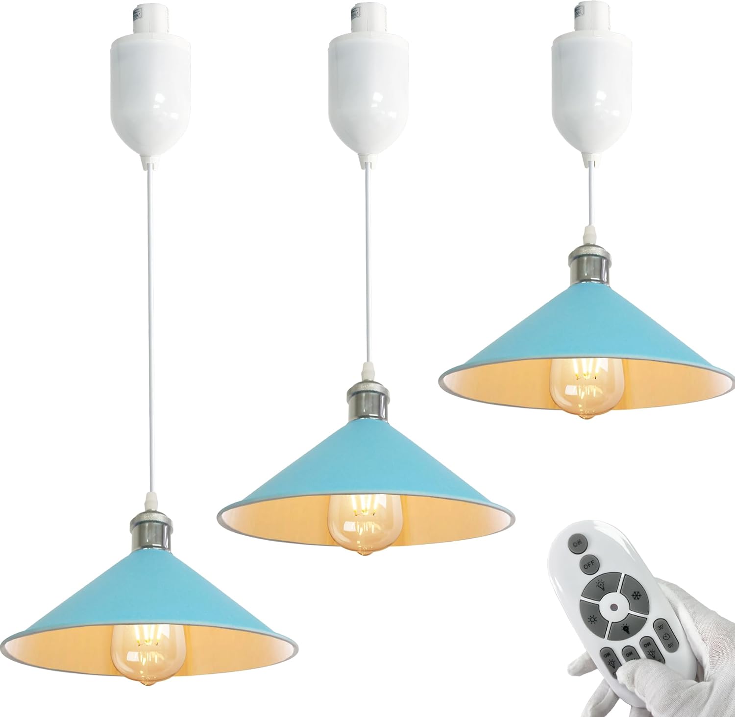 Blue adjustable pendant lights with remote control for kitchen island lighting, dimmable industrial style, by Kiven Lighting.