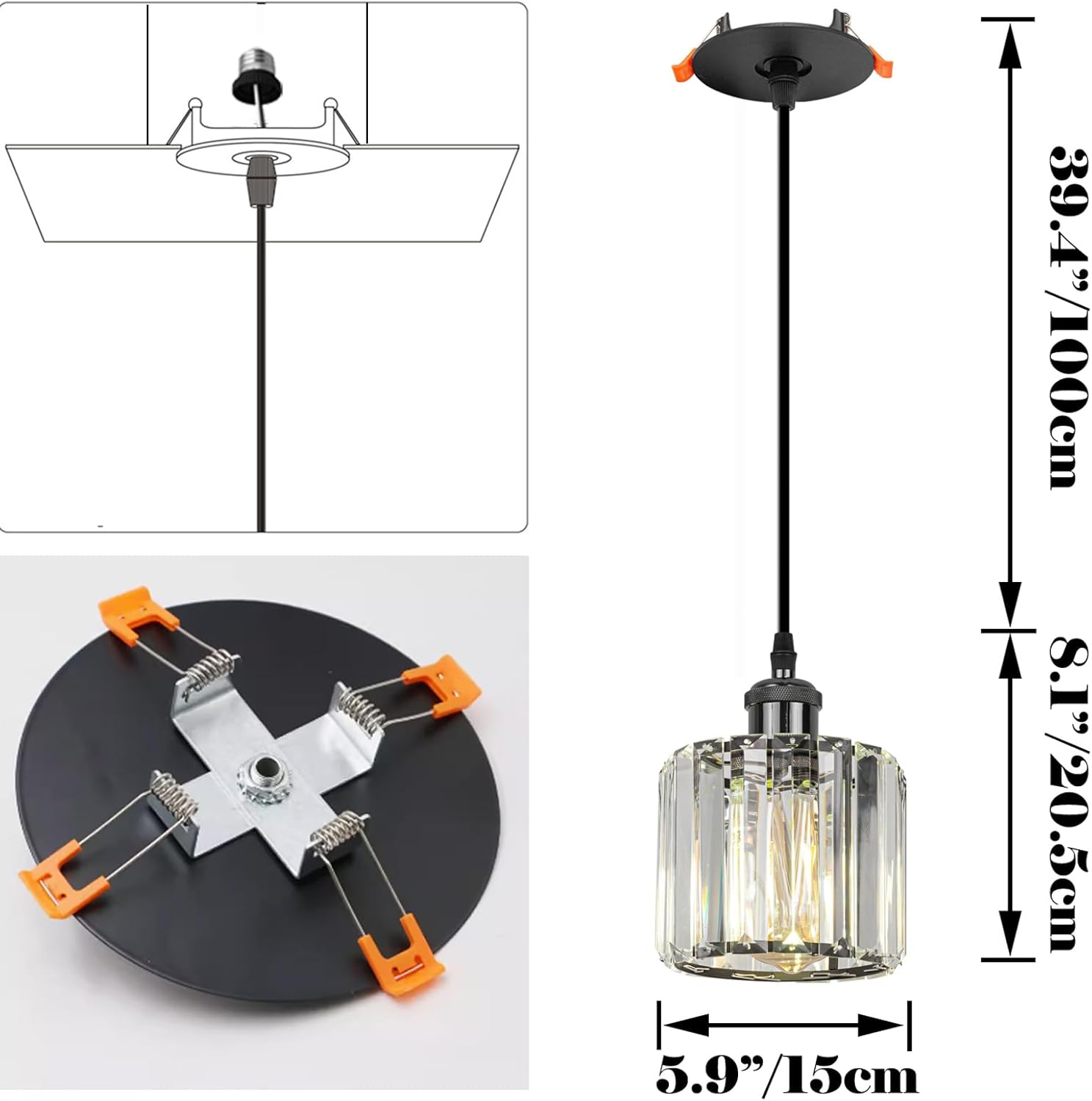 Kiven Can Lights Retrofit Pendant - Black crystal pendant with install diagram. Recessed lighting replacement.