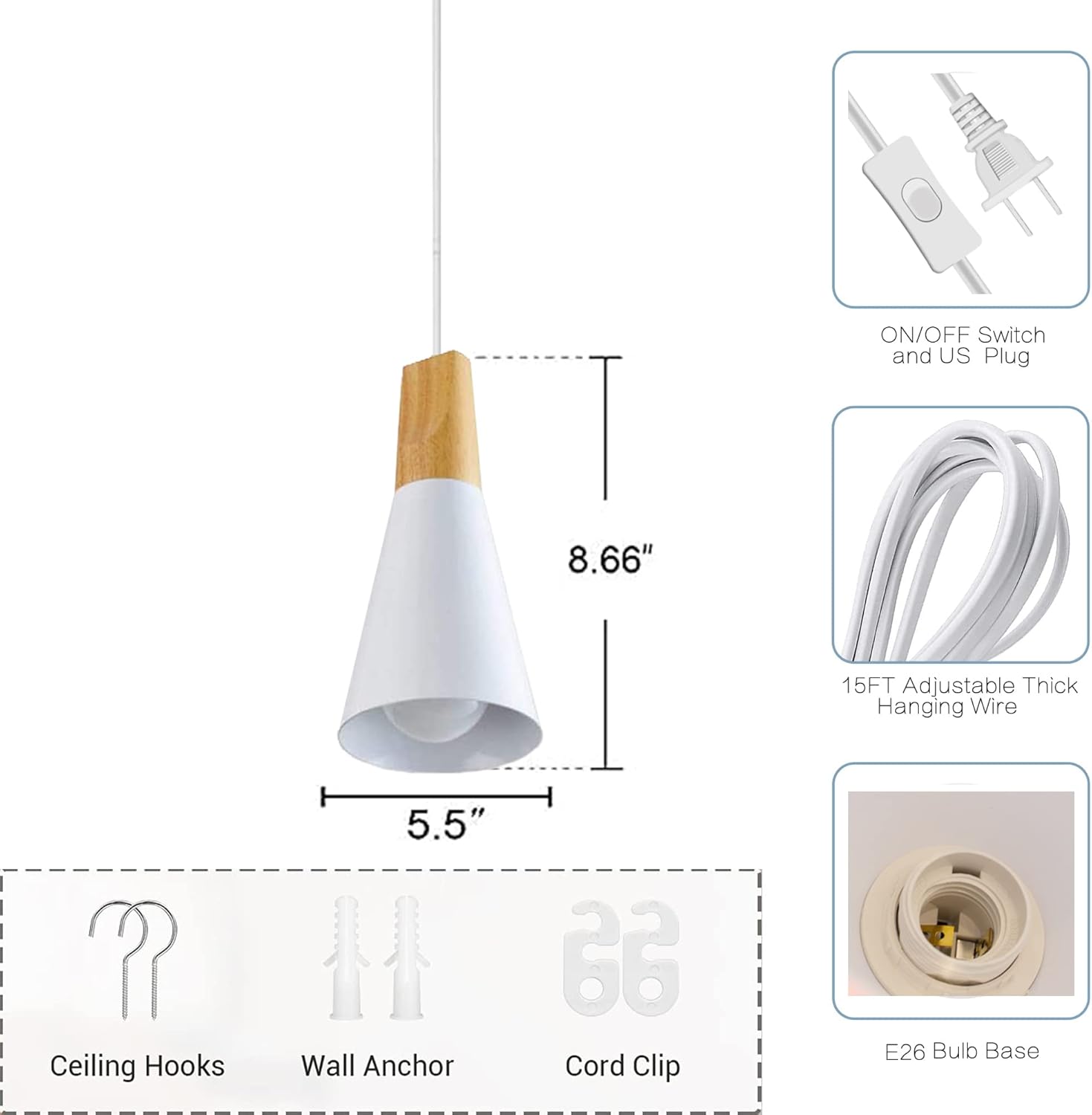 Kiven Plug-in Pendant Light with Remote Control, LED Stepless Dimming Color Changing Hanging Light with 15ft On/Off Switch Cord E26 Macaron Color Shade,for Dining Room, Bulb Included - 1P