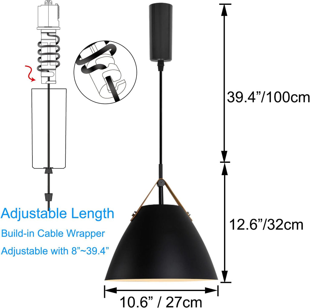 Kiven J-Type Track Lighting Fixture, Modern Juno Track Pendant Light with Built-in Cable Wrapper and Black Iron Lampshade, Adjustable Length for Bedroom Kitchen Home Lighting, 1-Light