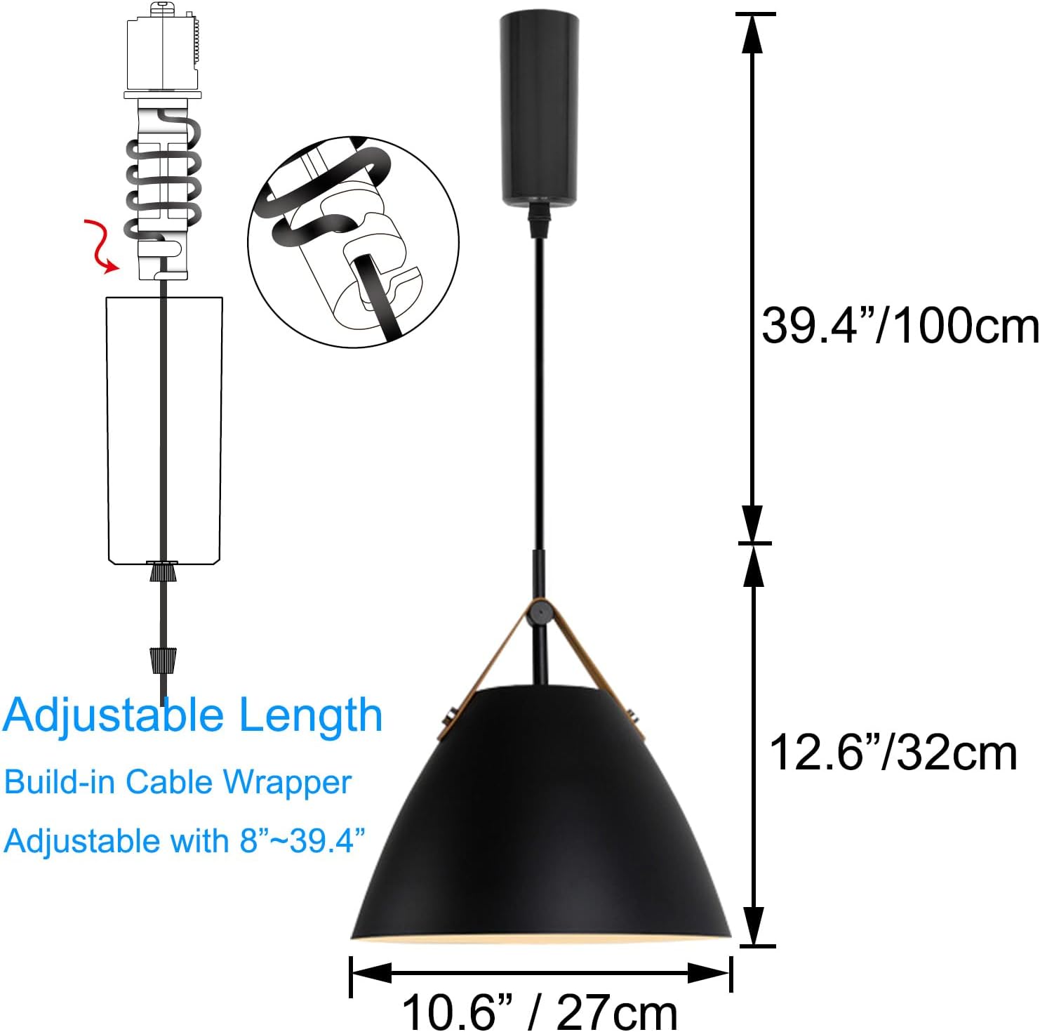 Kiven J-Type Track Lighting Fixture, Modern Juno Track Pendant Light with Built-in Cable Wrapper and Black Iron Lampshade, Adjustable Length for Bedroom Kitchen Home Lighting, 1-Light