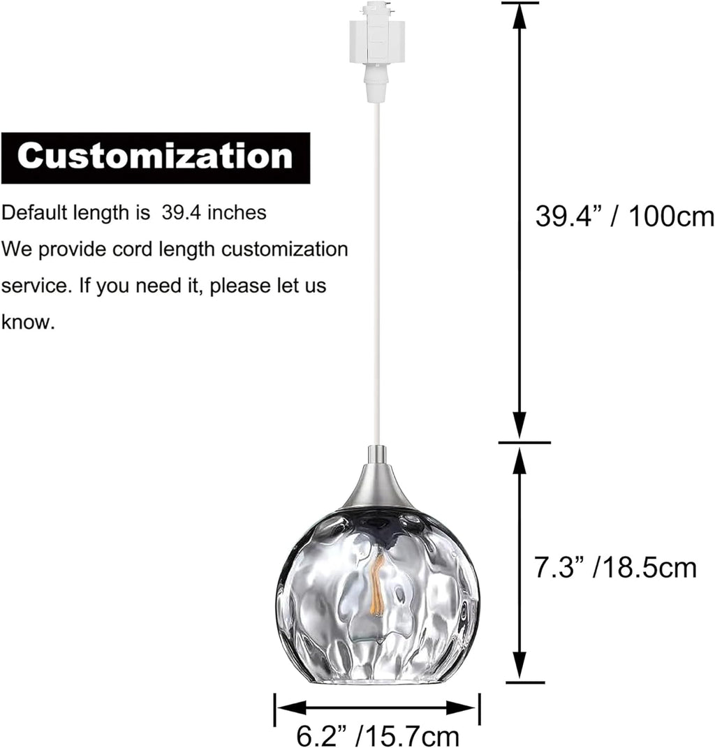 Modern glass globe track lighting pendant with dimmensions and cord customization, ideal for kitchen or hallway.