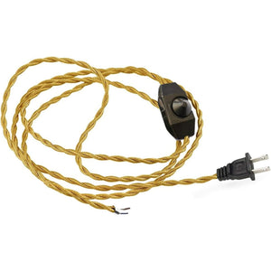 Gold cloth covered lamp cord with switch and US plug, perfect for vintage lighting projects and DIY electrical wiring.