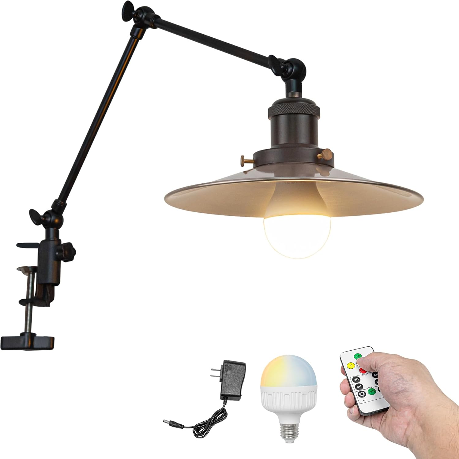 Kiven Battery Operated Clip-on Desk Lamp, 1-Light Dimmable Nightstand Lamp with Flexible Arm,Remote Control, Farmhouse Decorative Clamp Lamp for Home Decor Bookshelf Bedside,Yellow Finish