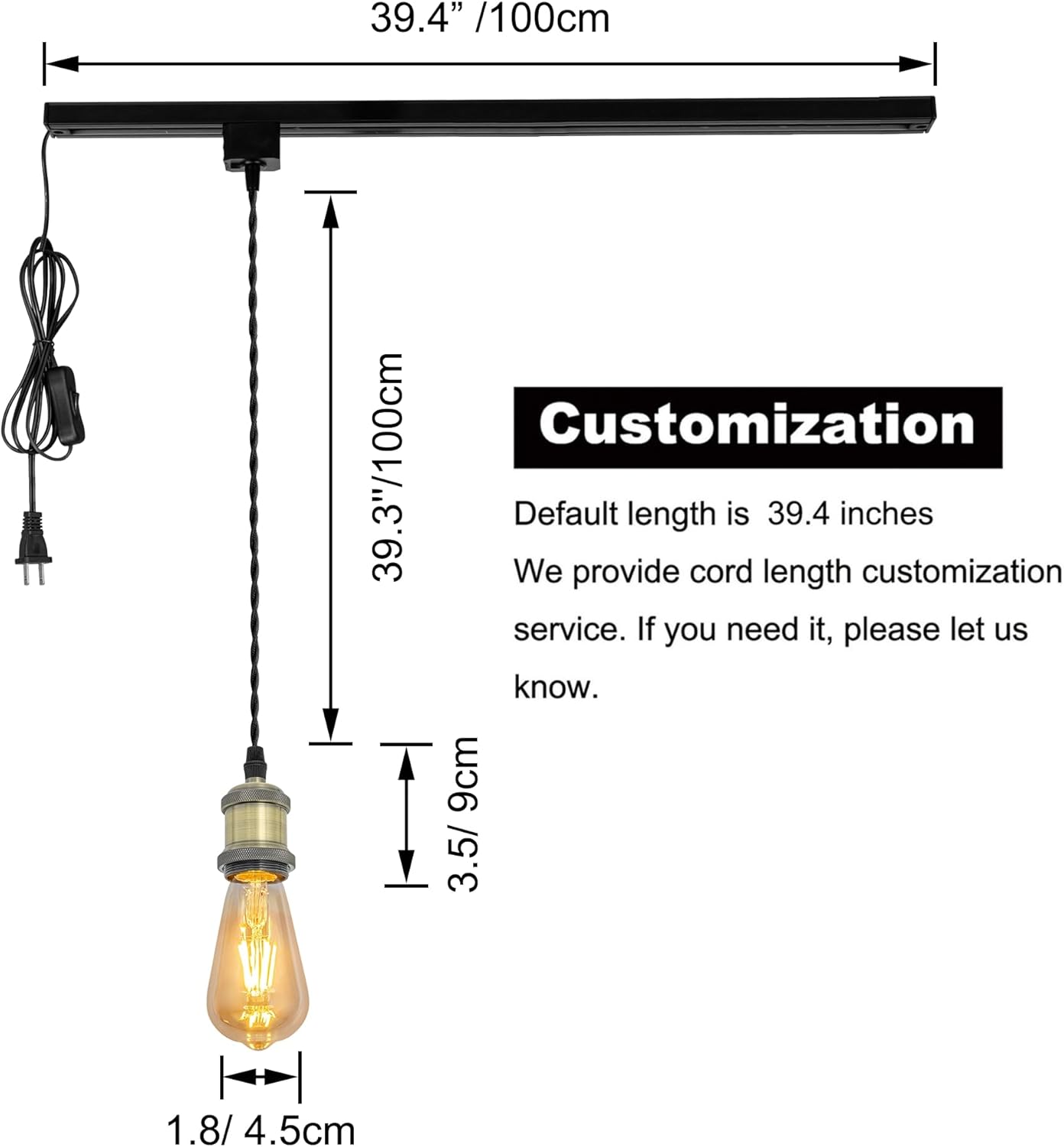 Kiven H-Type Track Pendant, bronze finish, Edison bulb, Customizable, Industrial style, 39.4 inch default length.
