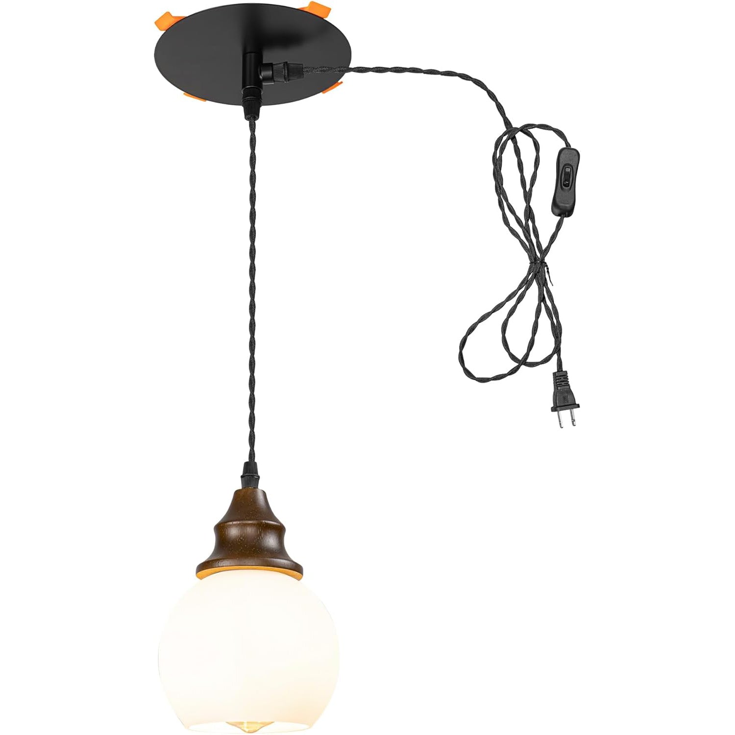 9.8Ft Plug-in Cord Instant Pendant Walnut Base White Glass Ball Shade Vintage Design Hanging Lamp 3"-4" Recessed Light Replacement Downlight for Kitchen(No Bulb)