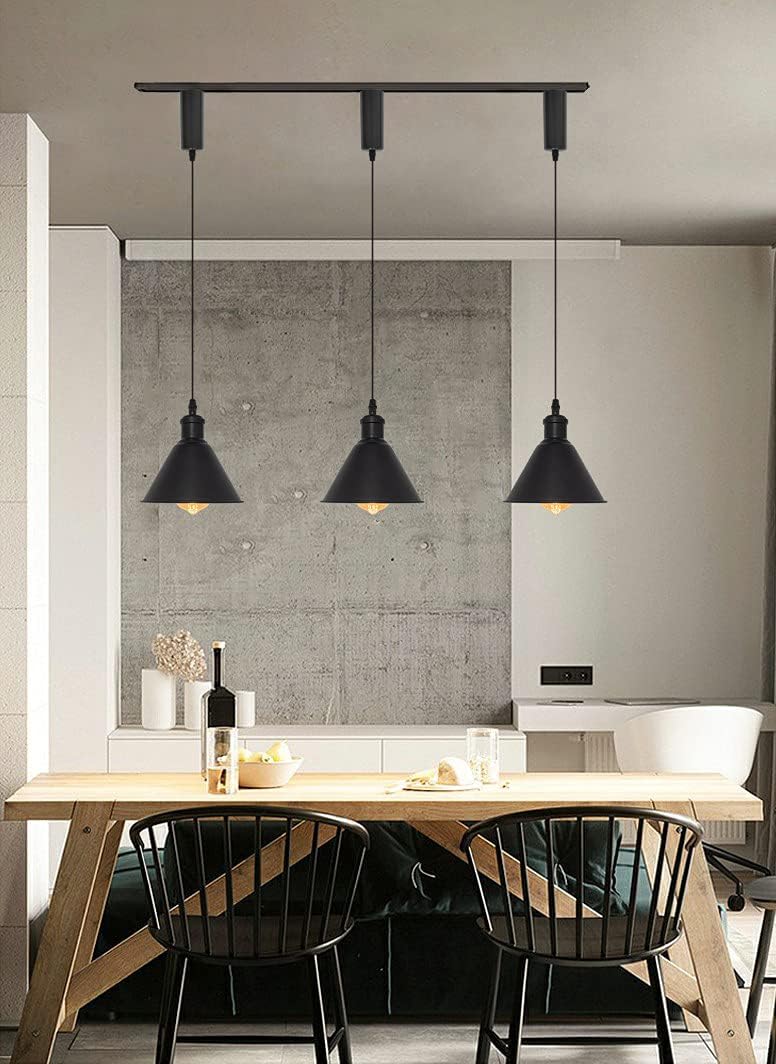Pack of 3 Adjusted Wire Length H-Type Track Pendant Light 3.9 Ft Twisted Cord E26 Base Industrial Design Black Metal Pendant Light Fixture for Loft Aisle Bar(No Bulb & Track Lighting Rails)