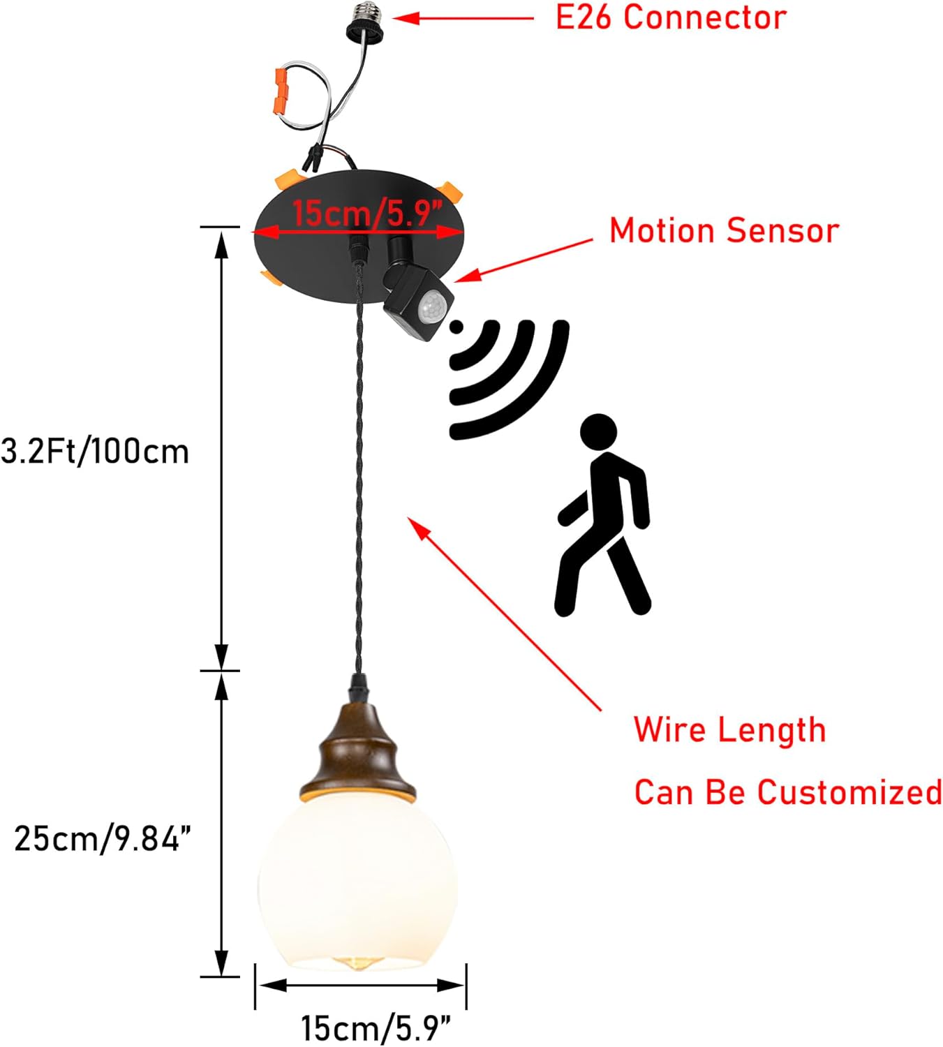 1 Pcs Recessed Retrofit Pendant Conversion Kit E26 Power Connector 3.2 Ft Adjusted Cord E26 Walnut Base White Glass Ball Shade Motion-Activated Hanging Light Vintage Decor