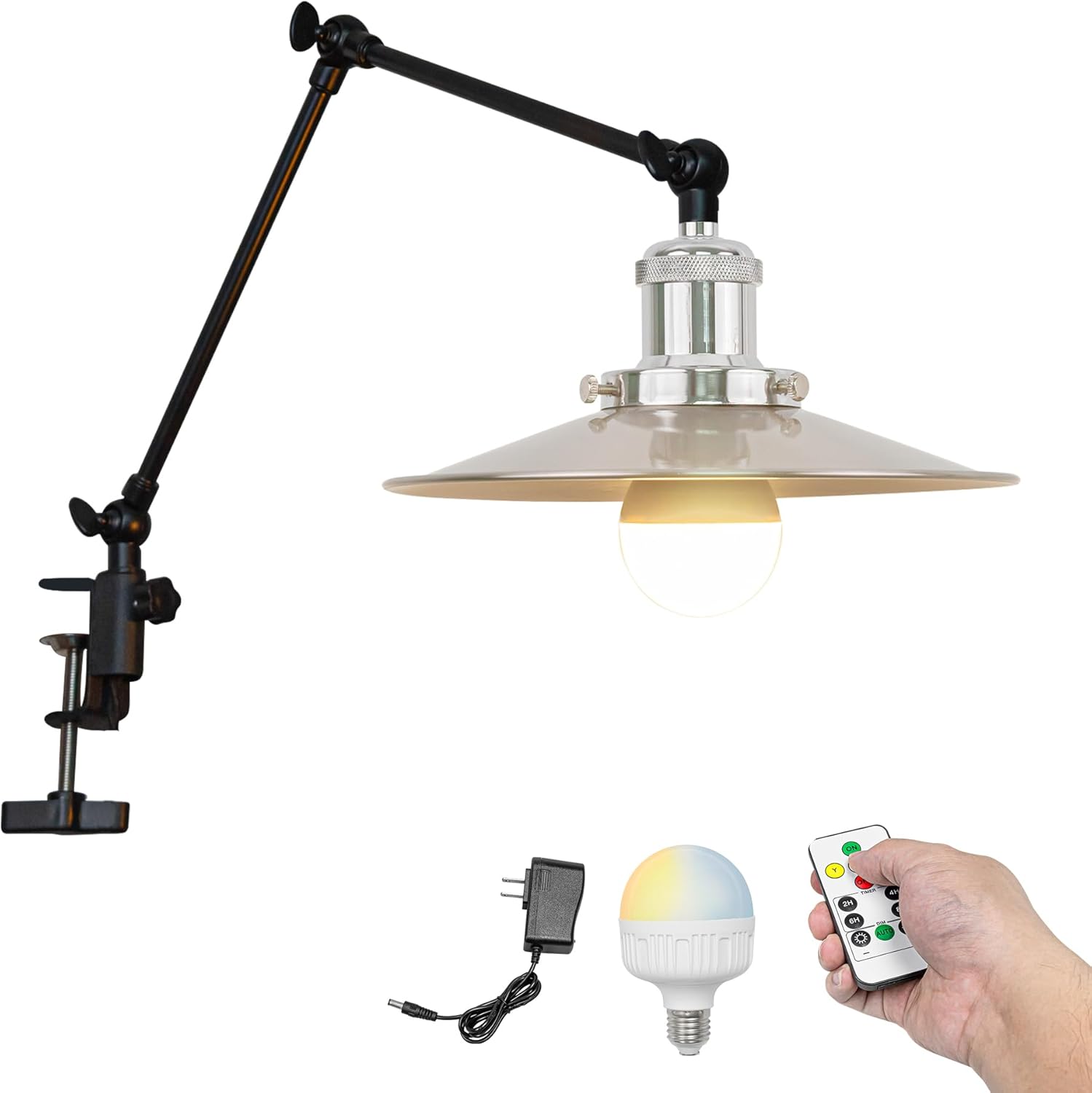 Kiven Battery Operated Clip-on Desk Lamp, 1-Light Dimmable Nightstand Lamp with Flexible Arm,Remote Control, Farmhouse Decorative Clamp Lamp for Home Decor Bookshelf Bedside,Yellow Finish