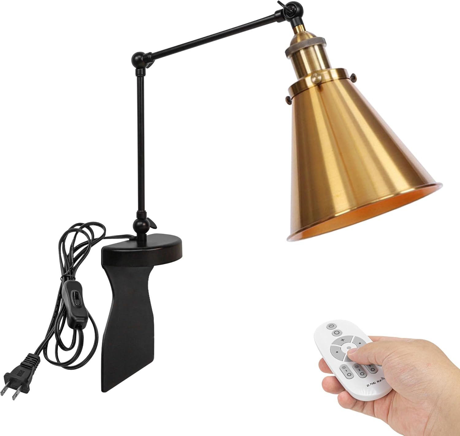 Kiven Headboard Reading Light, Dimmable LED Book Reading Lamp, Industrial Nightstand Lamp with Adjustable Swing Arm, 8.2ft Cord, Remote Control for Reading Bedside Side Table Desk, Black&Gold
