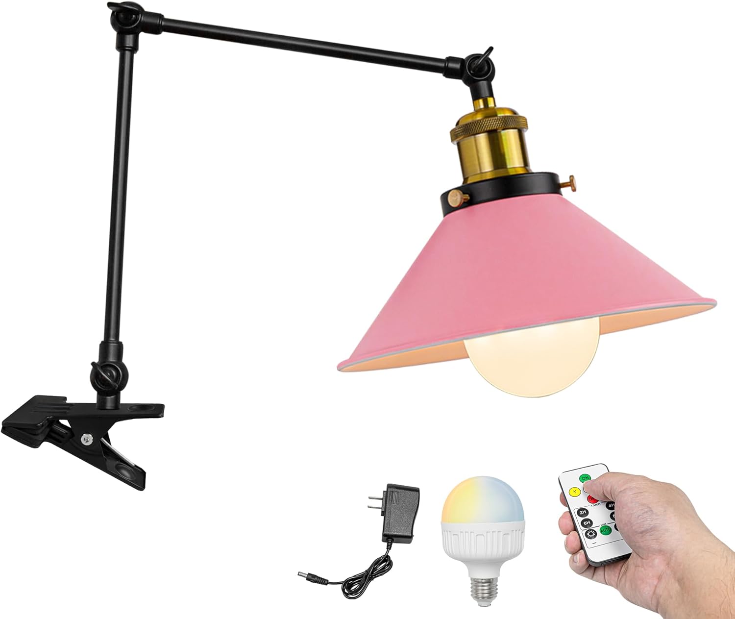 Kiven Battery Operated Clip-on Desk Lamp, 1-Light Dimmable Nightstand Lamp with Flexible Arm,Remote Control, Modern Decorative Clamp Lamp for Home Decor Bookshelf Bedside,Black Finish