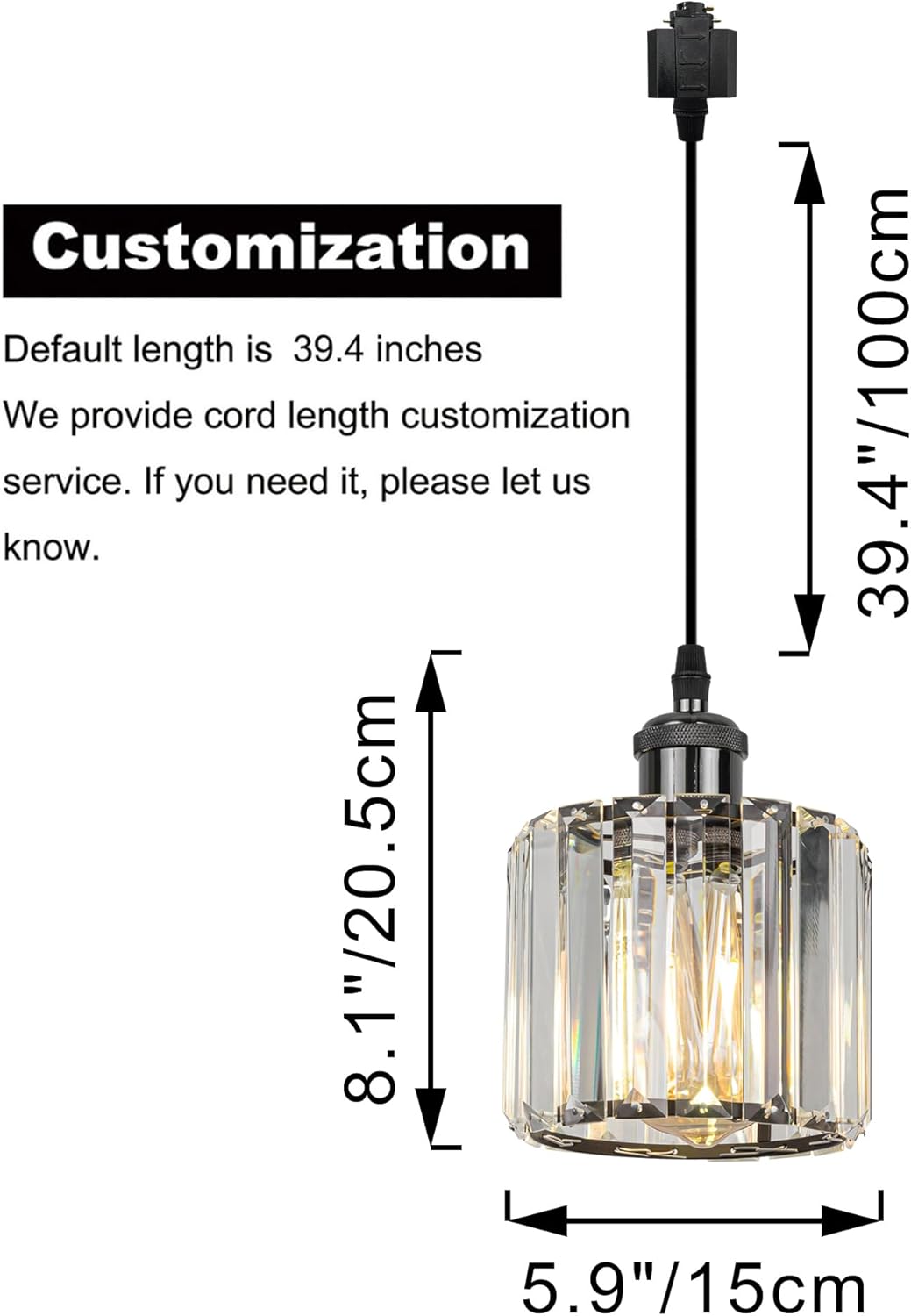 H-Type Track Lighting Pendants, 3-Light h Track Pendant Lights with Crystal Lampshade, H Track Light Pedant for Kitchen Island Home Cafe, Cord Length Customization,Black Finish Socket