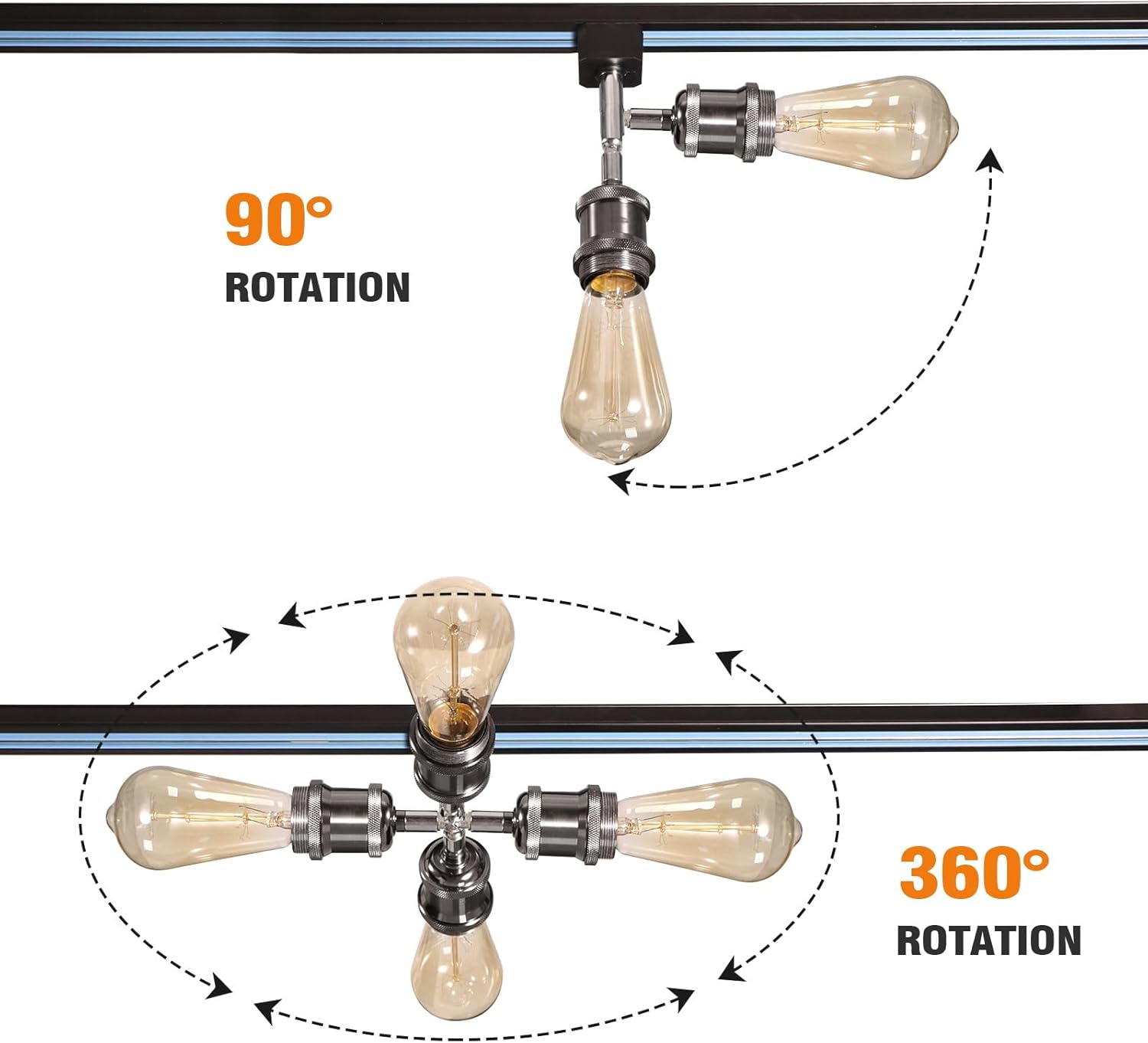 Kiven E26 track light fixture with 90° and 360° rotation capabilities, showcasing its adjustable retro vintage style design.
