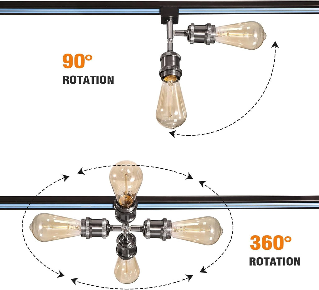 Kiven E26 track light fixture with 90° and 360° rotation capabilities, showcasing its adjustable retro vintage style design.
