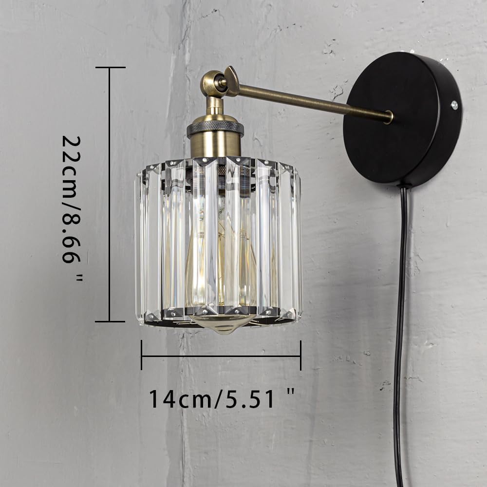 Kiven Motion Sensor Wall Sconce UL Plug-in Cord Bronze E26 Base Minimalist Style Black Iron Crystal Shade Wall Light Fixture for Loft Entrance Hallway Toilet Stairs