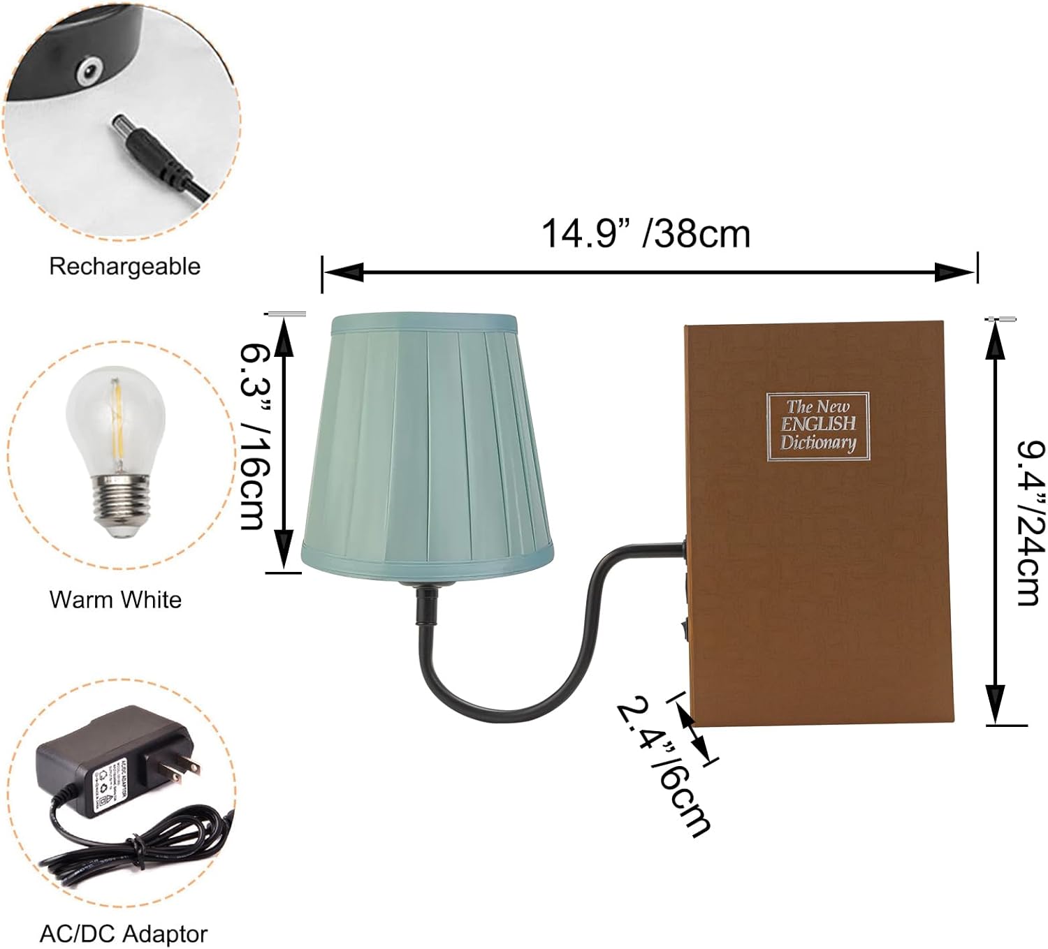Kiven Cordless Table Lamp, 1-Light Rechargeable Bookshelf Lamp with Green Pleat Lampshade, Farmhouse Decorative Bookend, Bookcase Decoration for Office Home Decor Bedside Bookshelf