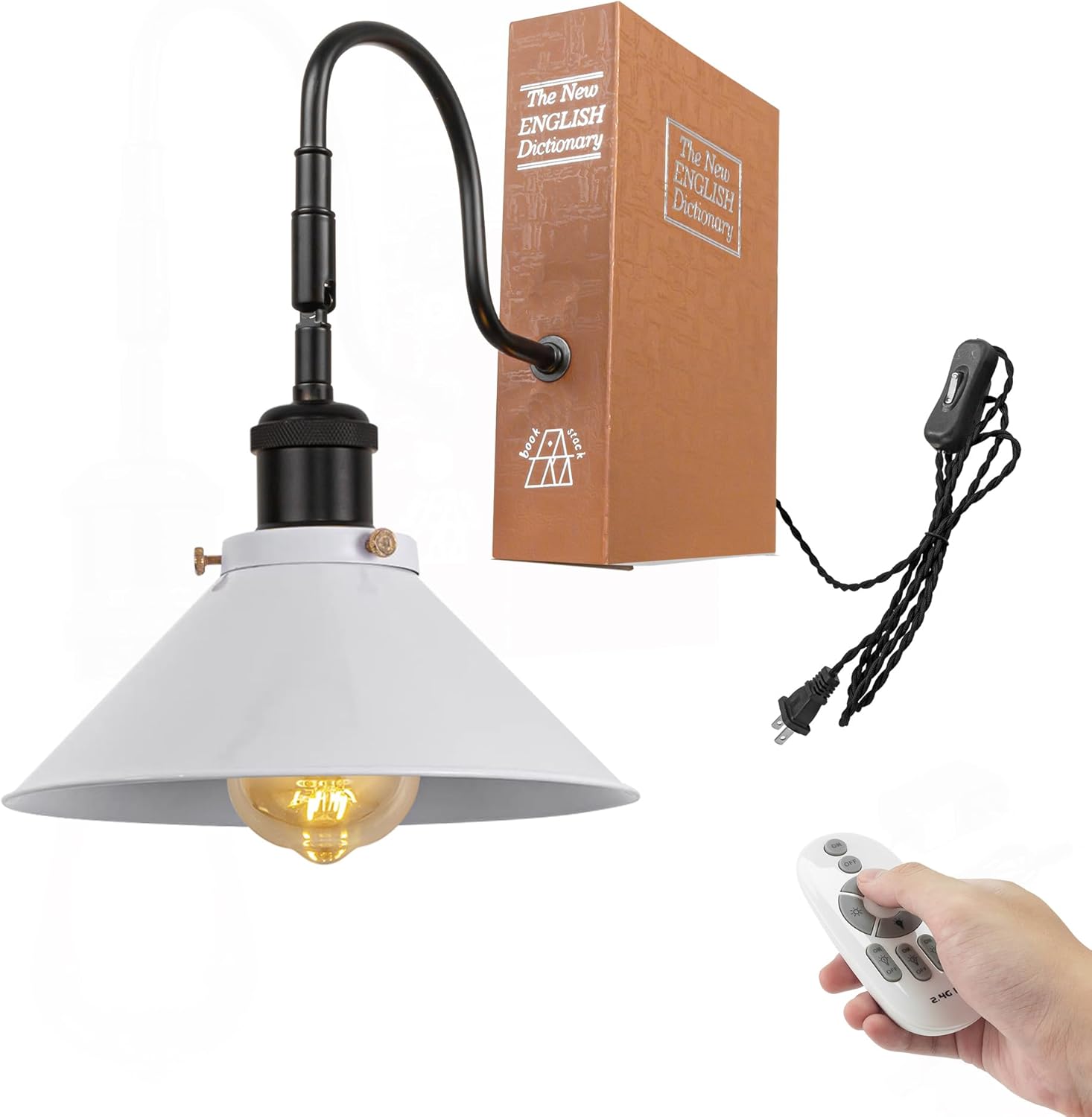 Kiven 1-Light Vintage Bookshelf Table Lamp with Remote Control, Farmhouse Decorative Bookend, Plug in Book Lamp for Office Home Decor Bedside Bookcase, Black