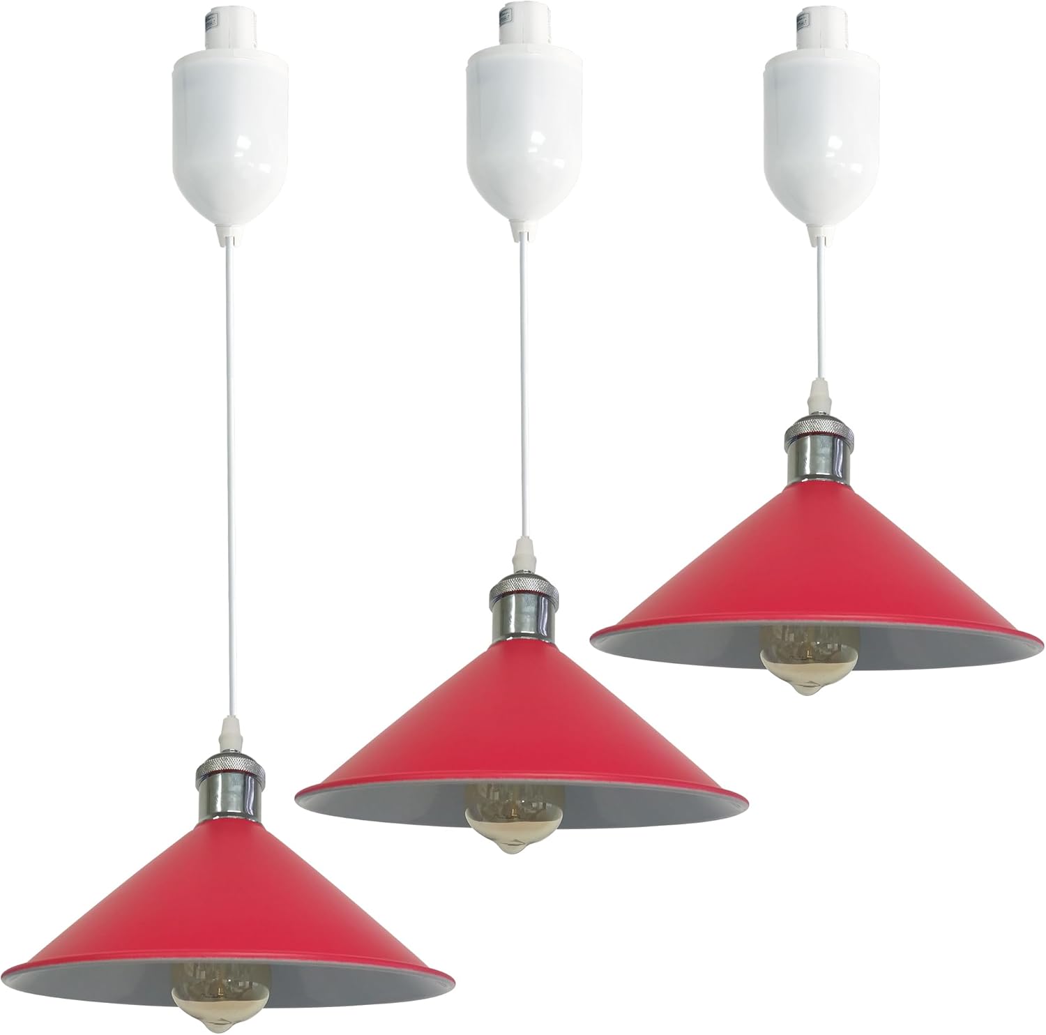 Red industrial track pendant lights with adjustable height and H-type track mount for kitchen island. E26 bulbs included.