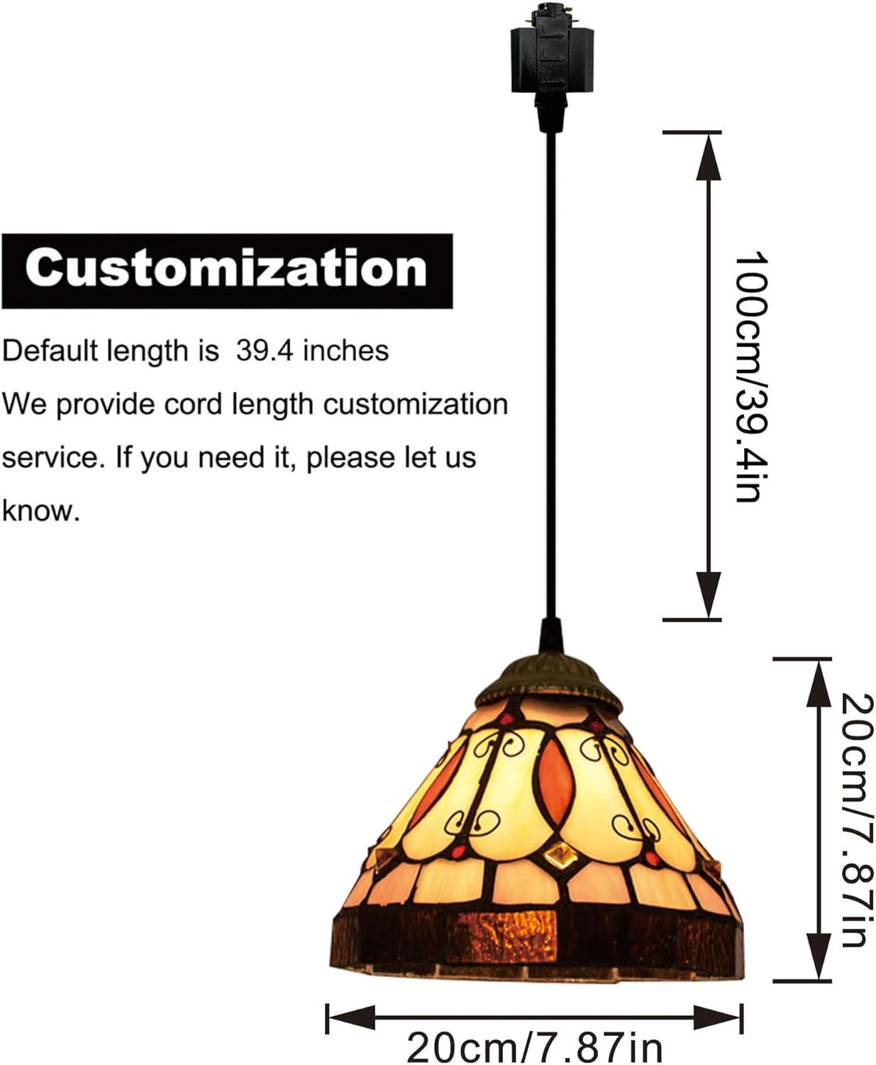 Kiven Baroque track pendant light with stained-glass shade, customizable cord. Ideal for kitchen or gallery.