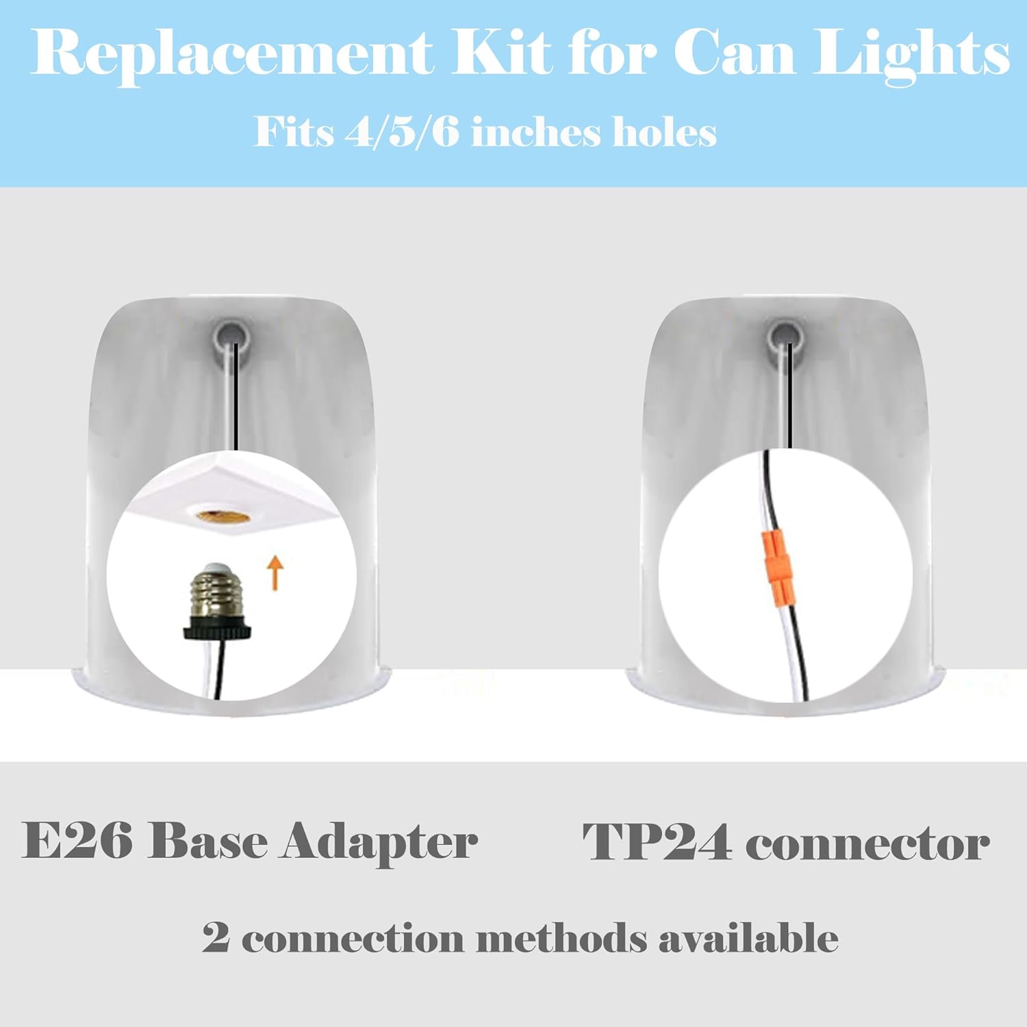 Recessed can light replacement kit, featuring E26 adapter and TP24 connector, fits 4/5/6 inch holes, two connection methods.