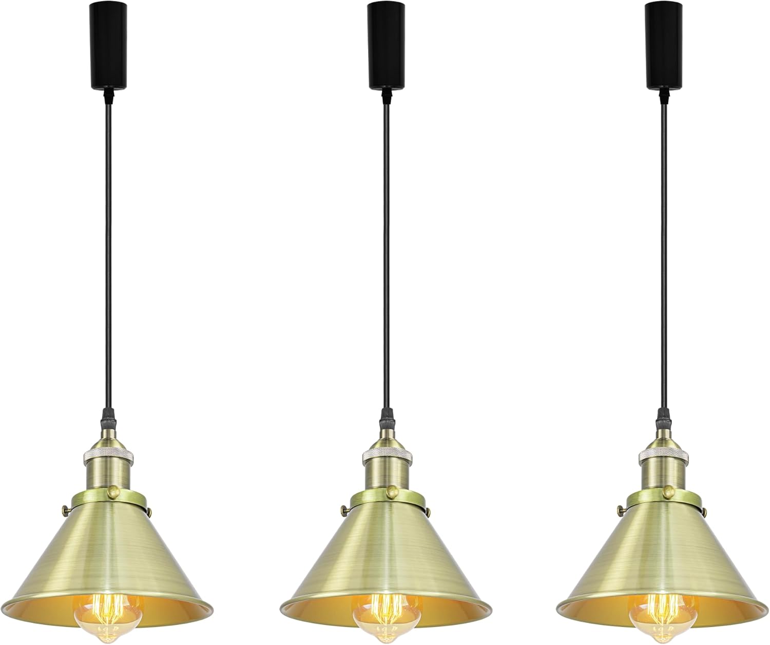 Pack of 3 Industrial Pendant Lights with Adjustable Wire, Brass Shade, and E26 Base, ideal for loft, aisle or bar