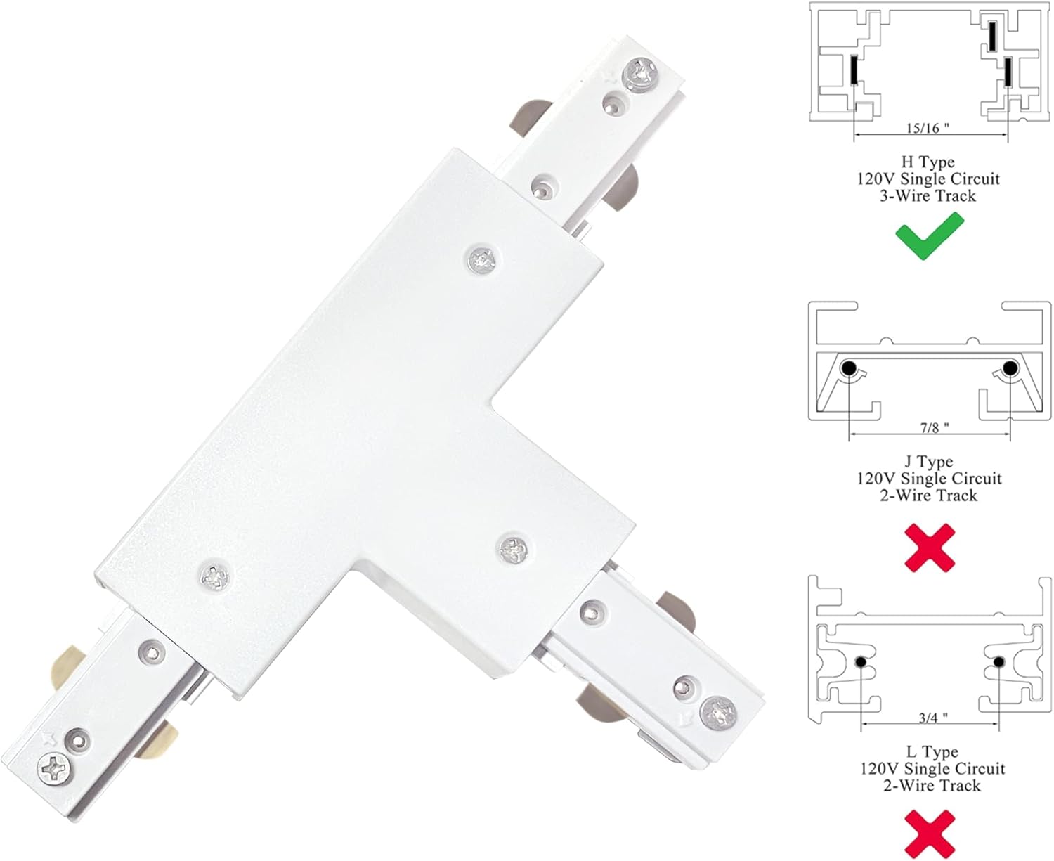 H-Type White L Connector for track lighting. 120V, 3-wire, extends track coverage. Compatible with H-Type.