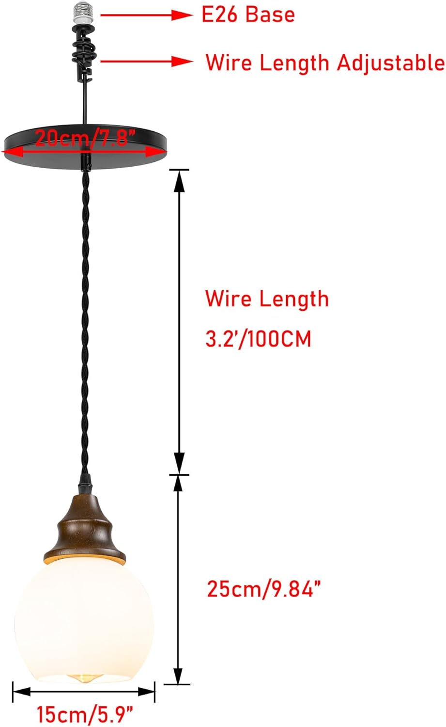 Black 7" Metal Dome Instant Pendant Walnut Base White Glass Ball Shade Vintage Design Hanging Lamp 4"-6" Recessed Light Replacement Downlight for Kitchen(No Bulb)