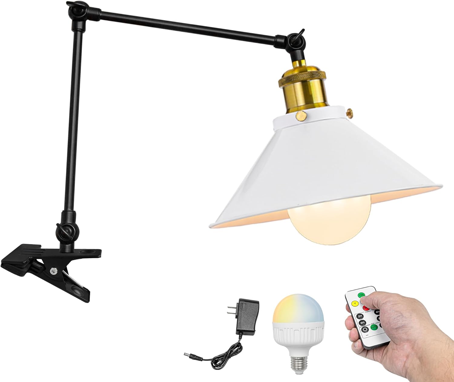 Kiven Battery Operated Clip-on Desk Lamp, 1-Light Dimmable Nightstand Lamp with Flexible Arm,Remote Control, Modern Decorative Clamp Lamp for Home Decor Bookshelf Bedside,Black Finish