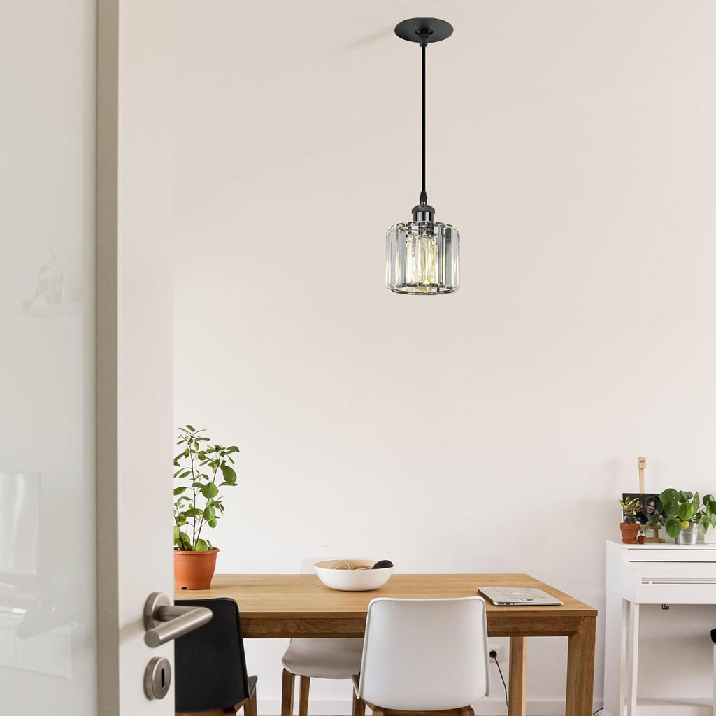 Black crystal pendant light over dining table, ideal for recessed ceiling light replacement, stylish lighting fixture.