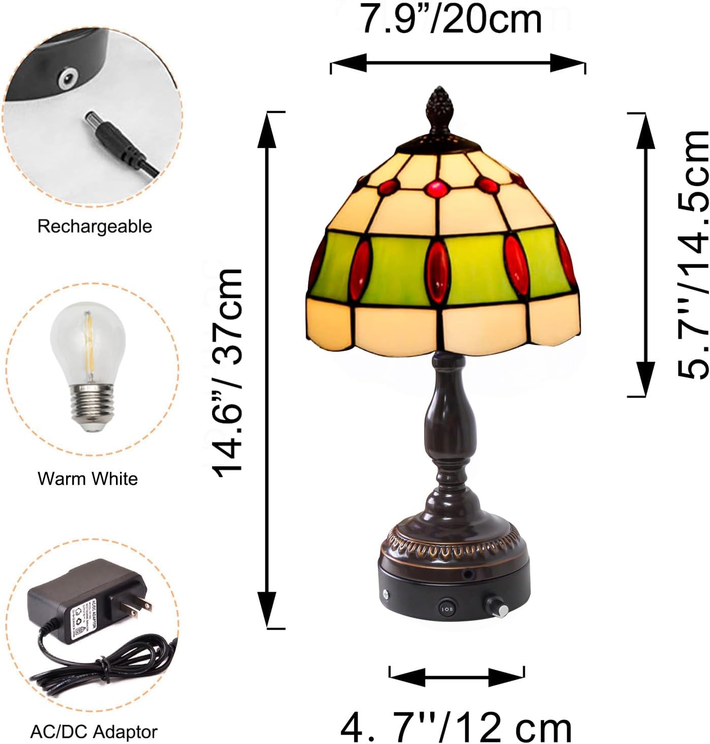 Kiven Cordless Table Lamp, Dimmable Bedside Lamps for Nightstand with Glass Lampshade, Tiffany-Style Rechargeable Desk Lamp for Reading Home Decor Bedside,1-Light(TD0531)