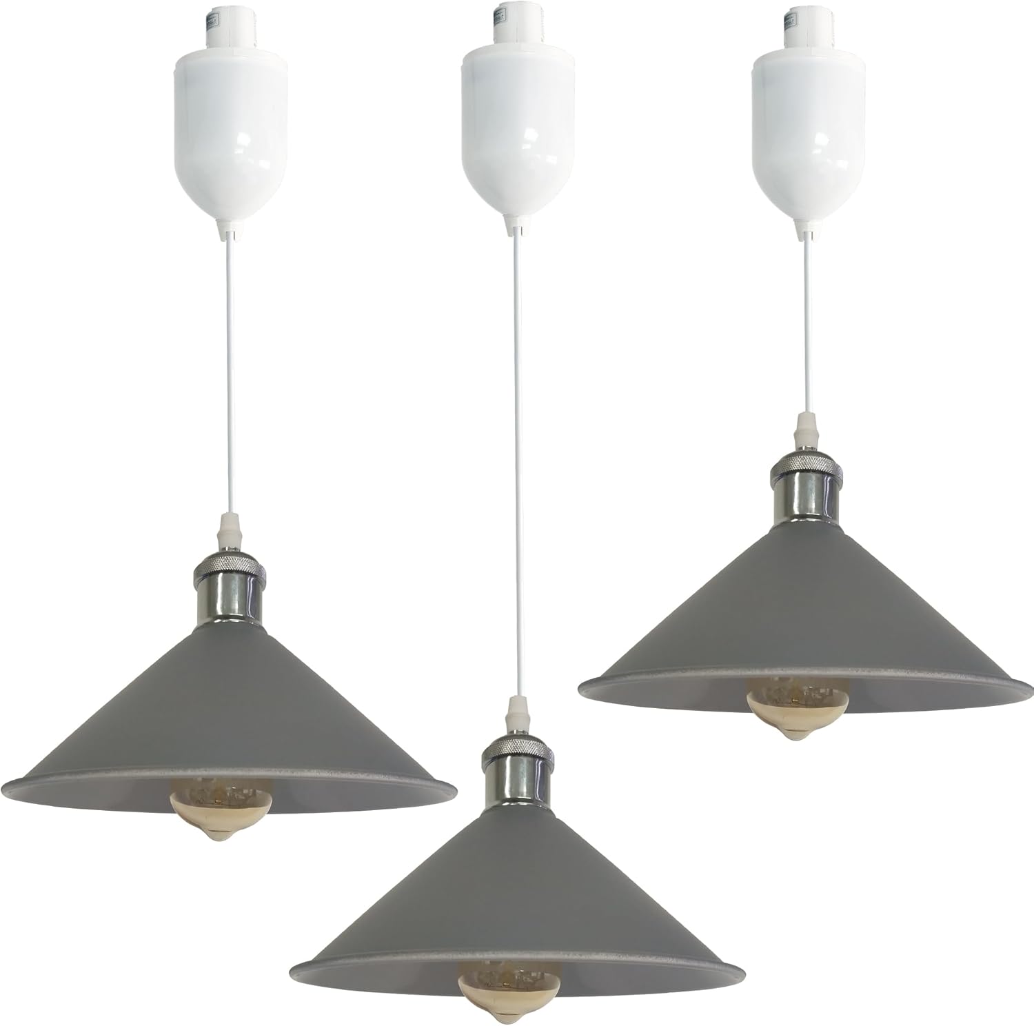 Gray industrial track pendant lights with Edison bulbs. Adjustable height for kitchen island lighting.