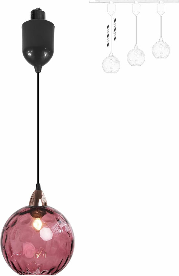 Pink hammered glass Juno track pendant light with adjustable height for kitchen or bar lighting, vintage style, E26 socket