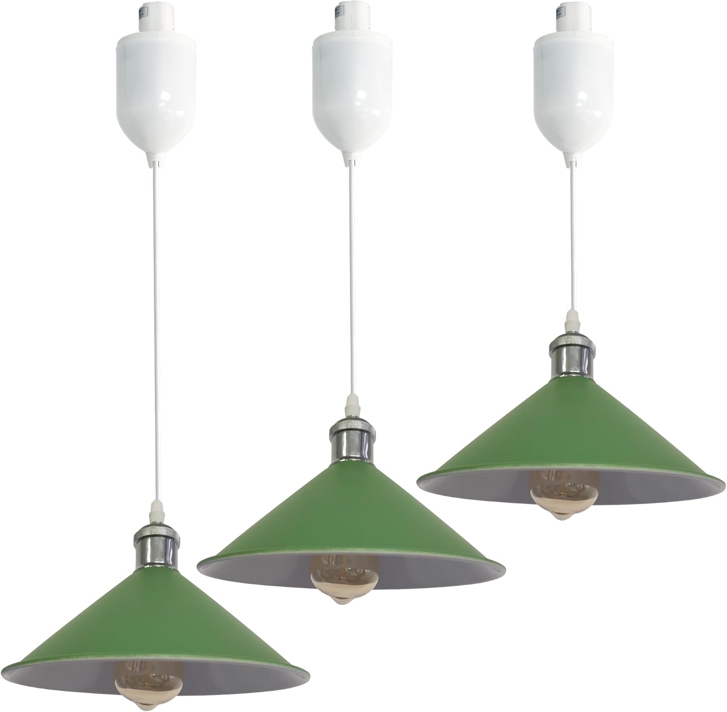 Green industrial pendant lights with adjustable height. Customizable track lighting for kitchen island. Kiven Lighting.