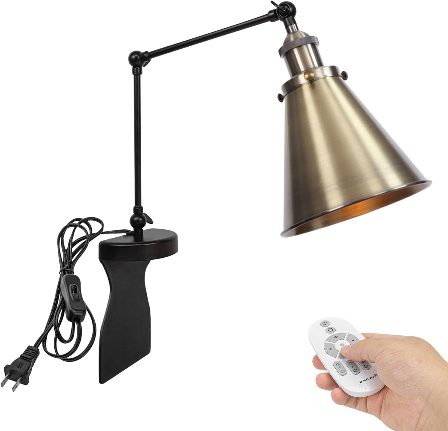Kiven Headboard Reading Light, Dimmable LED Book Reading Lamp, Industrial Nightstand Lamp with Adjustable Swing Arm, 8.2ft Cord, Remote Control for Reading Bedside Side Table Desk, Black&Gold