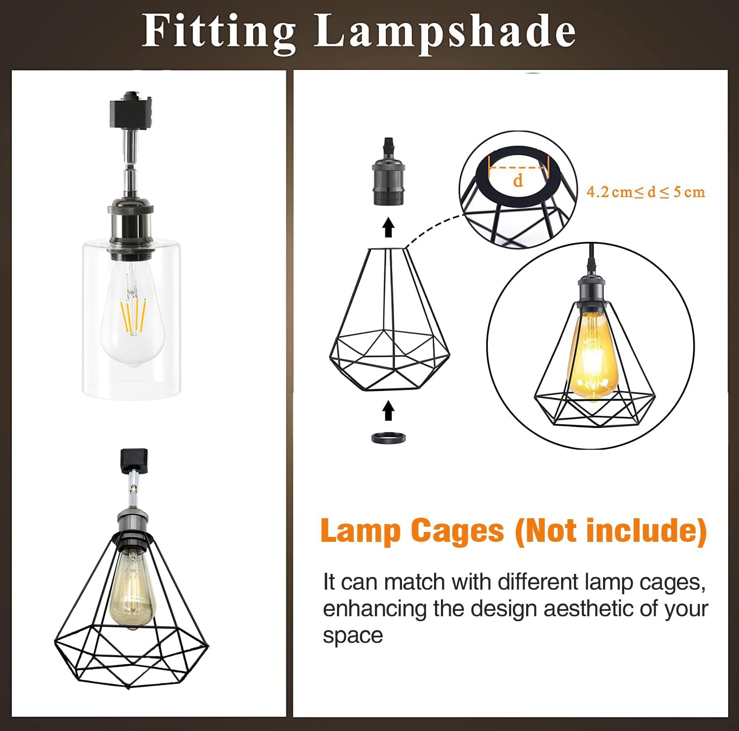 Kiven retro track light lampshade fitting, compatible lamp cages. Vintage style, size 4.2-5cm. Enhance your design.