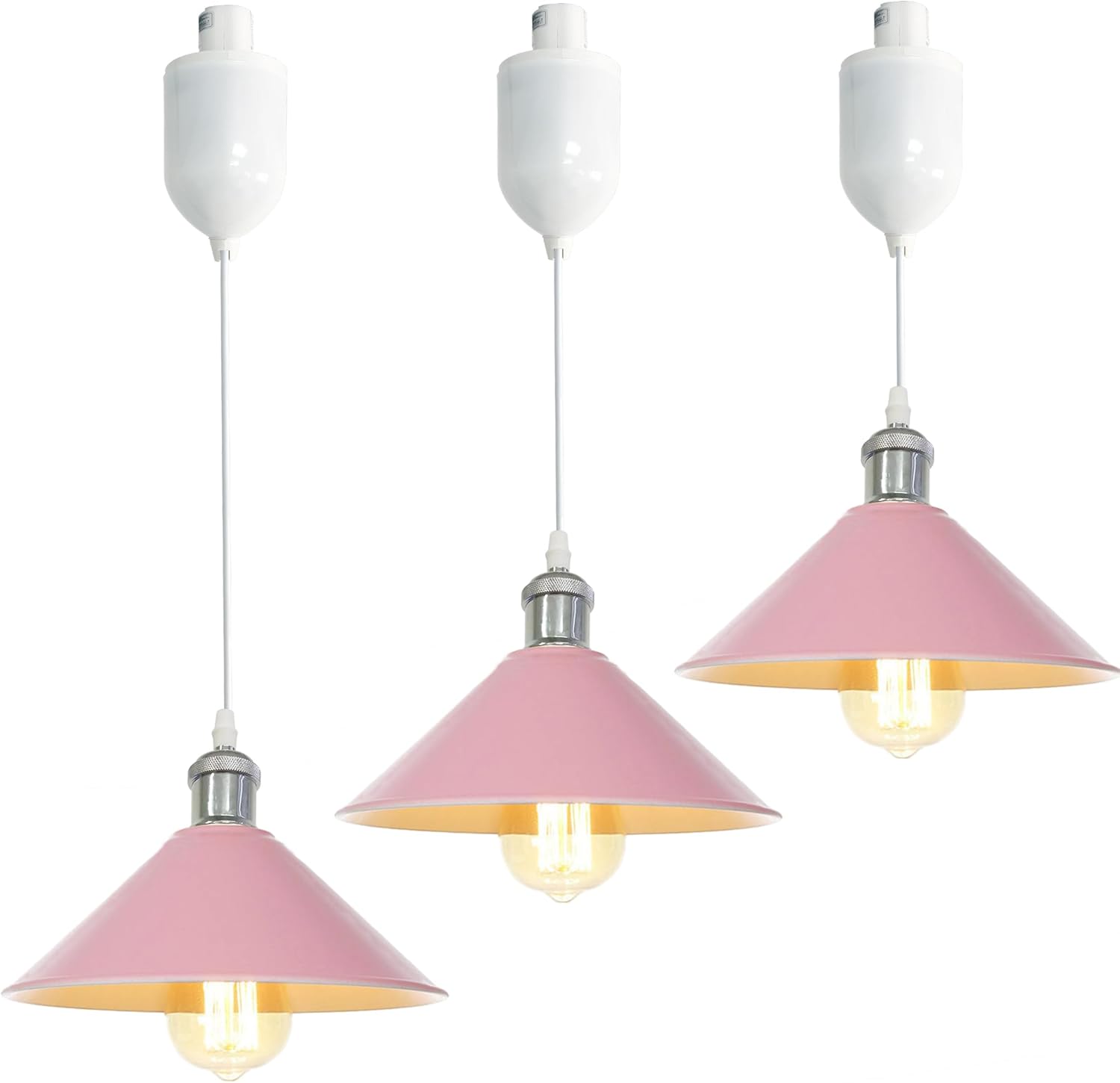 Pink industrial pendant lights with adjustable height, H-type track mount, for kitchen island lighting. Kiven Lighting.