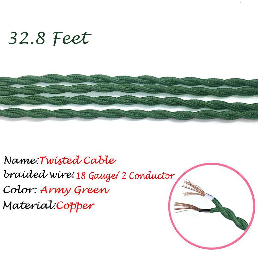 Kiven 32.8 Feet Fabric Cloth Covered Lamp Twisted Wire,18/2 Cotton Covered Electrical Antique Wire for Vintage Bulb, Pendant Light and Other Industrial Antique DIY Projects (Army Green)