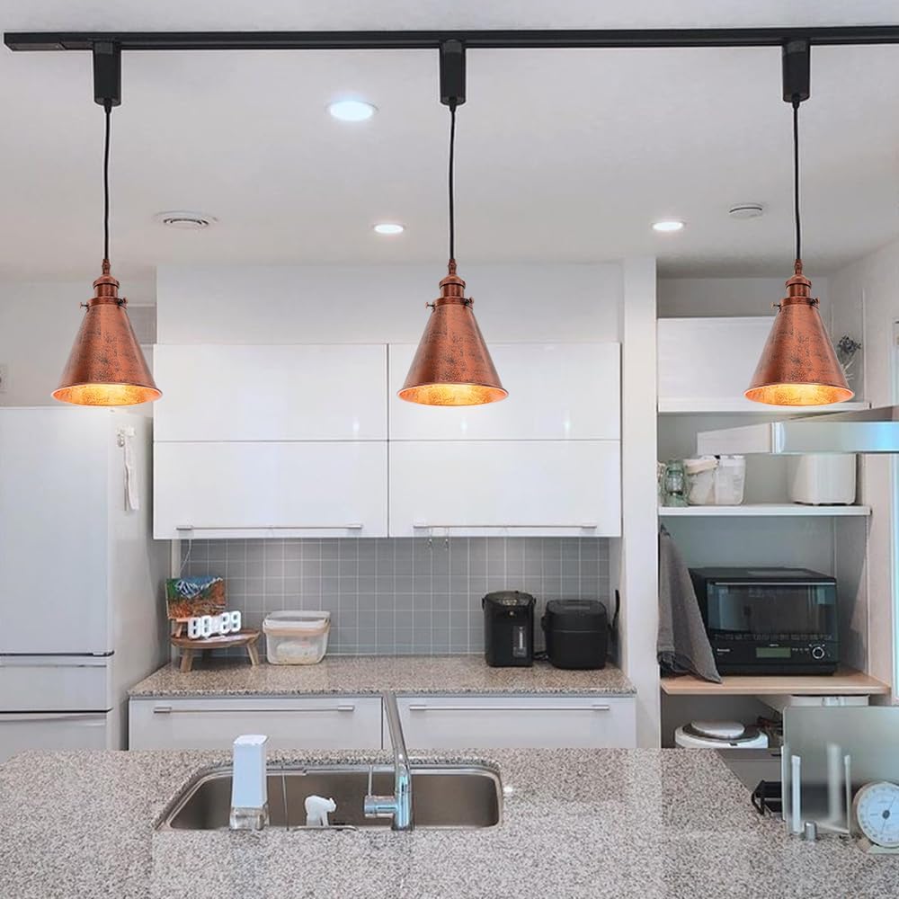 Kiven Lighting Adjustable Cable Track Lamp in kitchen, rust metal cone shade pendant lighting, vintage style.
