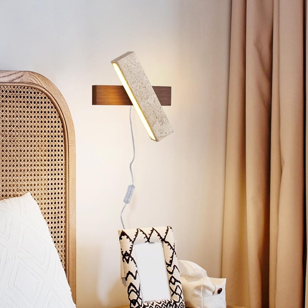 Kiven Rectangular Swivel Wall Sconce - Stone & Walnut 5.9ft Plug Cord 3000K Warm Lighting Vintage Lamp for Kitchen & Entryway