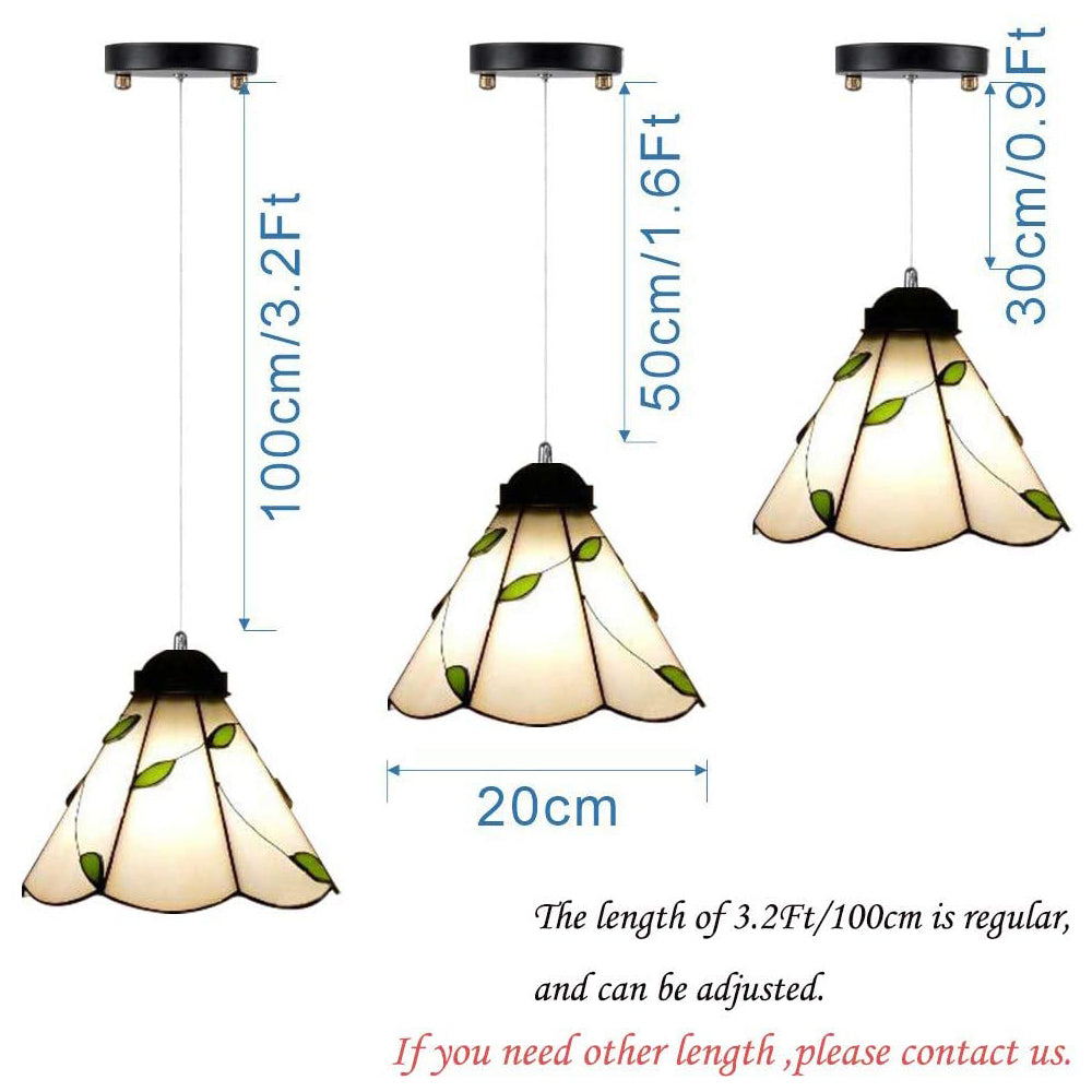 Battery-operated pendant light, Tiffany glass design with adjustable iron cable, showing 20cm size and length options.