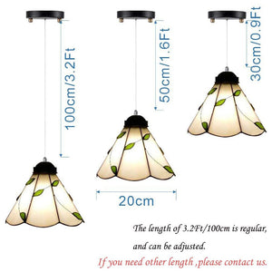Battery-operated pendant light, Tiffany glass design with adjustable iron cable, showing 20cm size and length options.