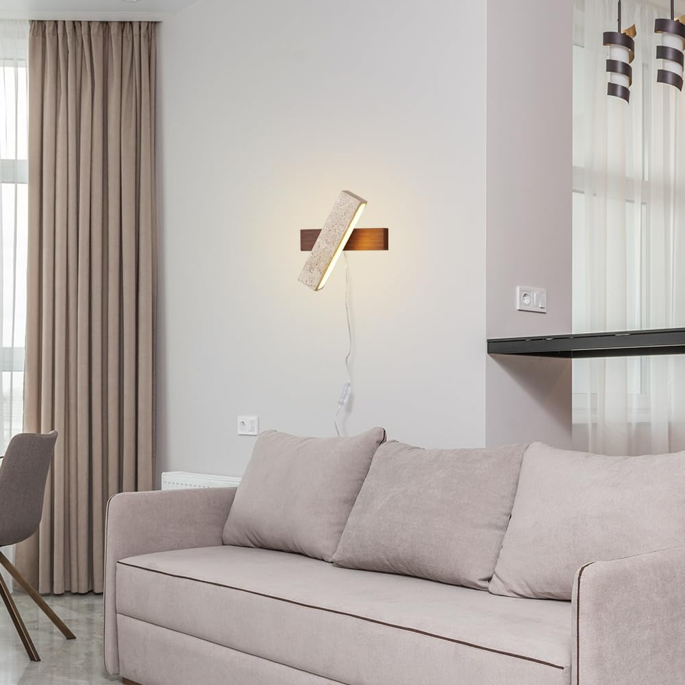 Kiven Rectangular Swivel Wall Sconce - Stone & Walnut 5.9ft Plug Cord 3000K Warm Lighting Vintage Lamp for Kitchen & Entryway