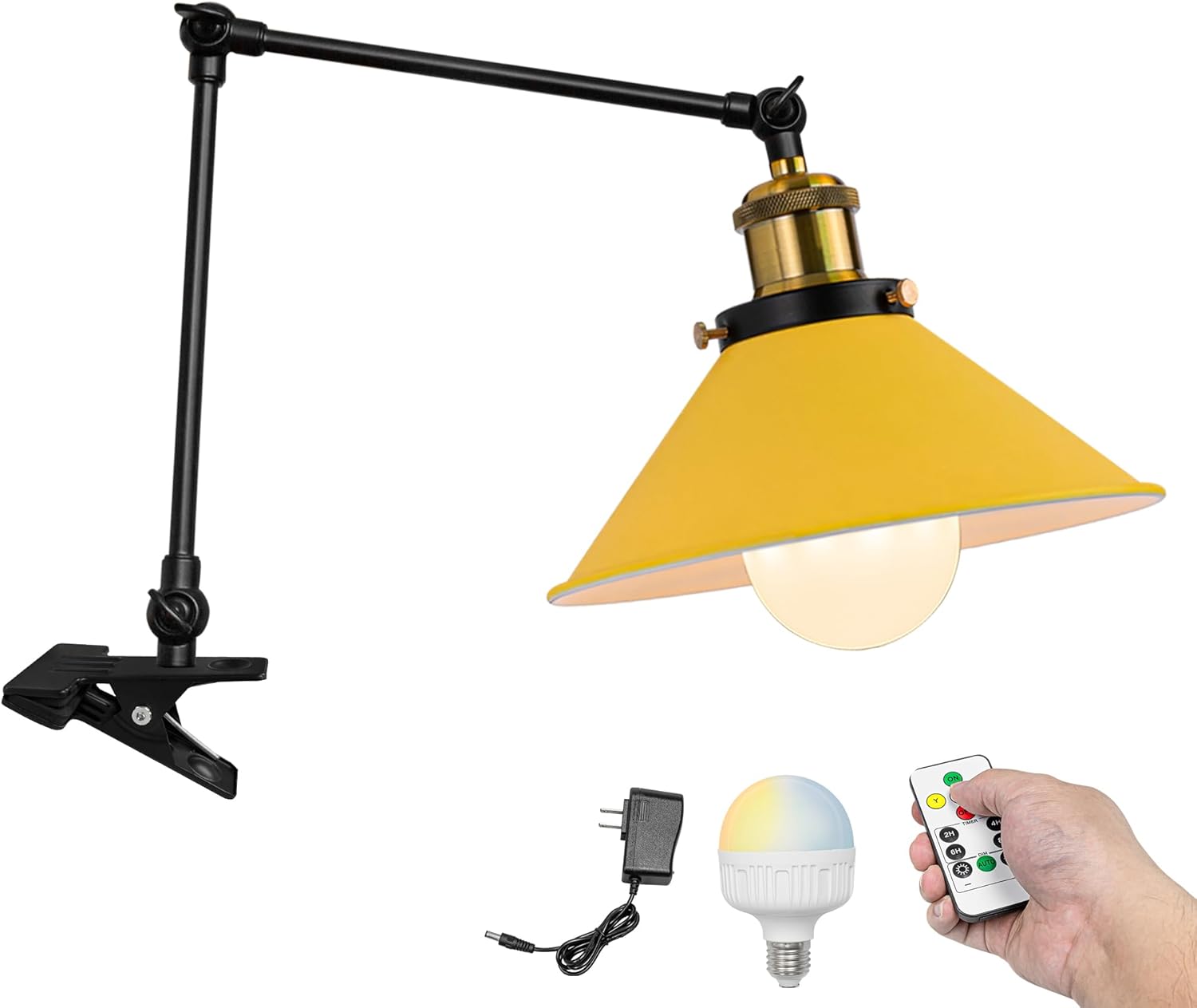 Kiven Battery Operated Clip-on Desk Lamp, 1-Light Dimmable Nightstand Lamp with Flexible Arm,Remote Control, Modern Decorative Clamp Lamp for Home Decor Bookshelf Bedside,Black Finish