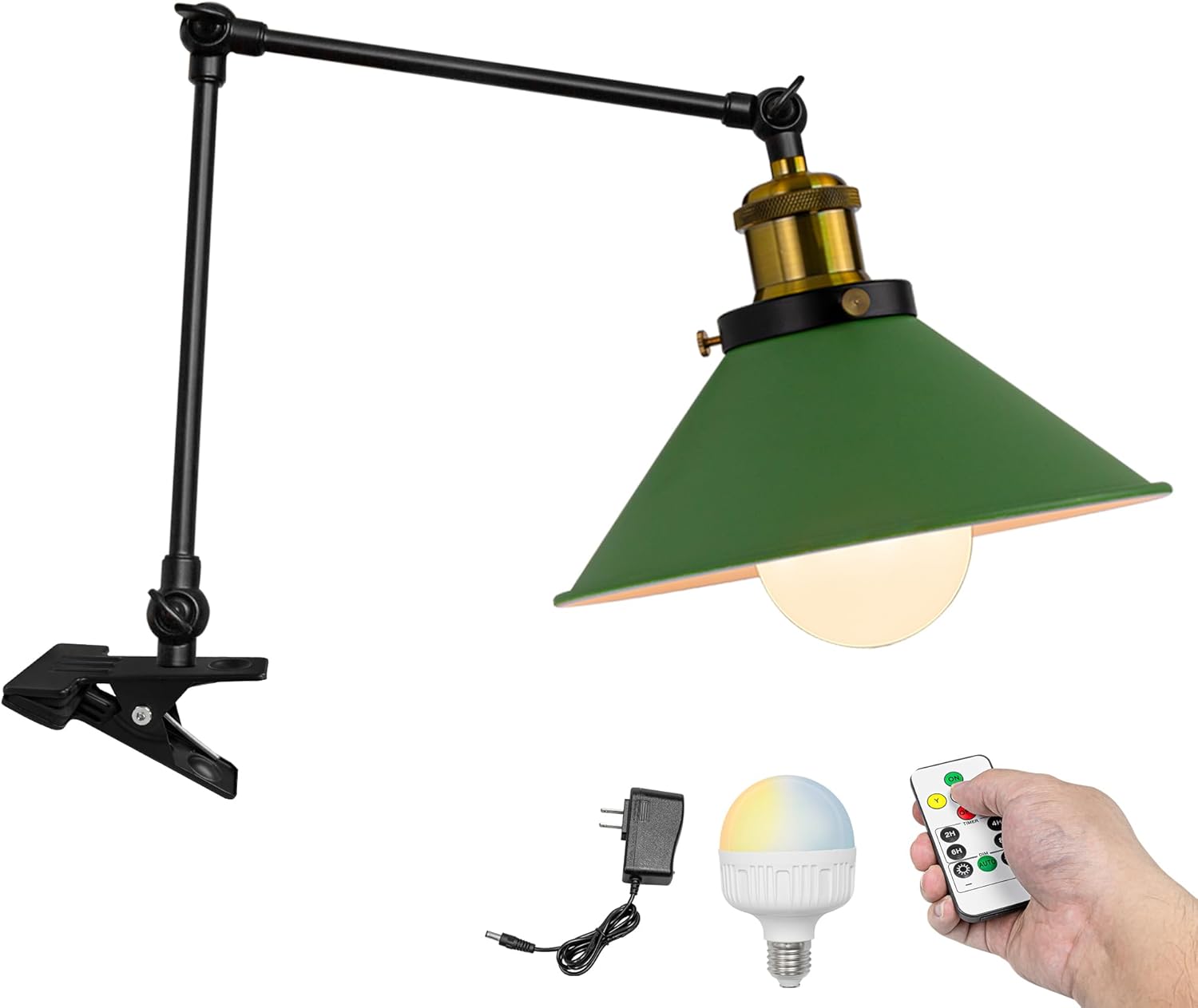 Kiven Battery Operated Clip-on Desk Lamp, 1-Light Dimmable Nightstand Lamp with Flexible Arm,Remote Control, Modern Decorative Clamp Lamp for Home Decor Bookshelf Bedside,Black Finish