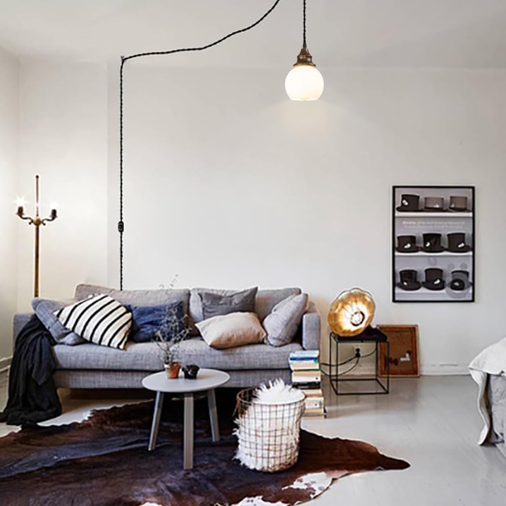 15ft Dimmable Cord Plug-in Pendant E26 Walnut Base White Glass Ball Shade Hanging Light Vintage Decor for Kitchen Home Office(No Bulb)